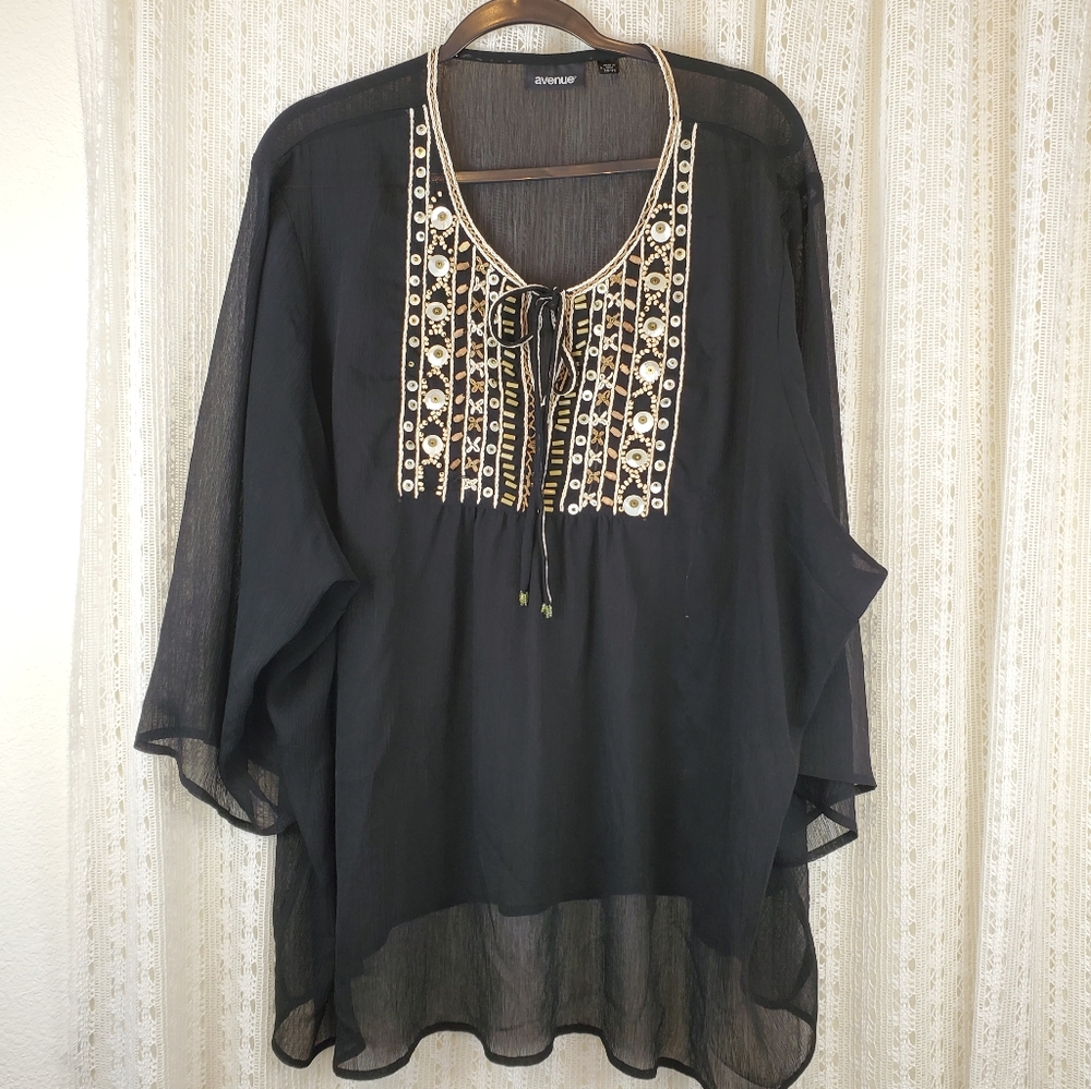 Avenue Black Sheer Beaded Tunic Top Size 30/32